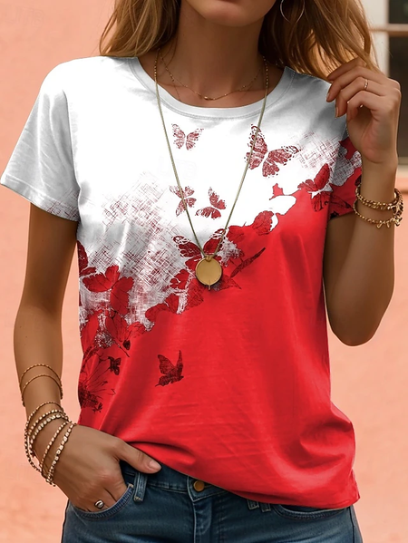 

Women Butterfly Short Sleeve Tee T-shirt Crew Neck Printing Casual Summer Graphic Tee Top, Red, T-Shirts