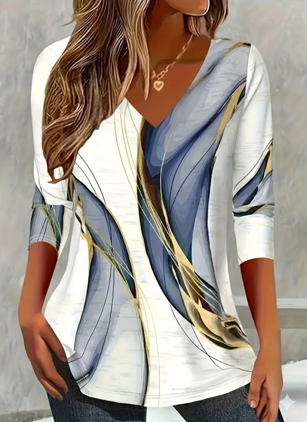 

Women Abstract Long Sleeve Tee T-shirt V Neck Printing Casual Spring/Fall Graphic Tee Top, White, T-Shirts