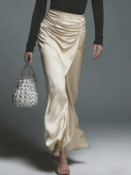 

Elegant Ruched Plain Maxi Skirt, Champagne, Skirts