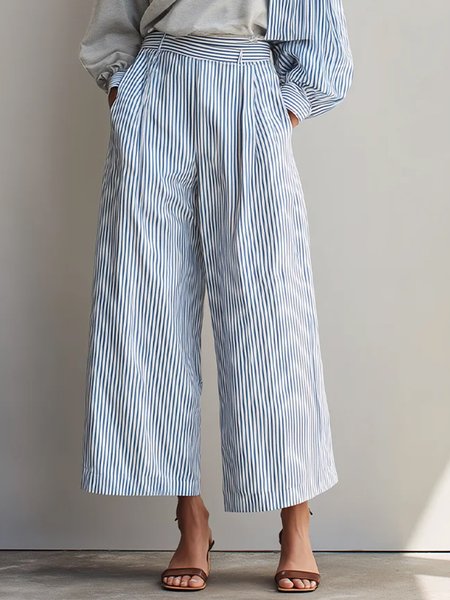 Urban Striped Fashion Wide Leg Pants, Blue, Pants