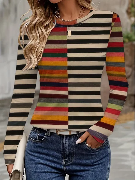 

Women Striped Long Sleeve Tee T-shirt Crew Neck Printing Casual Spring/Fall Graphic Tee Top, As picture, T-Shirts