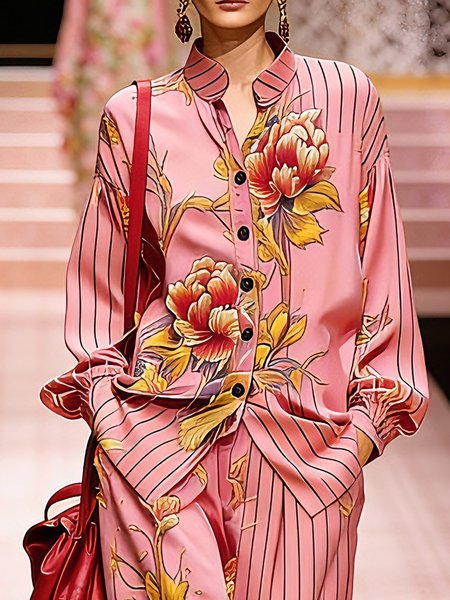 

Casual Floral Printing Shirt Collar Shirt, Pink, Blouses and Shirts