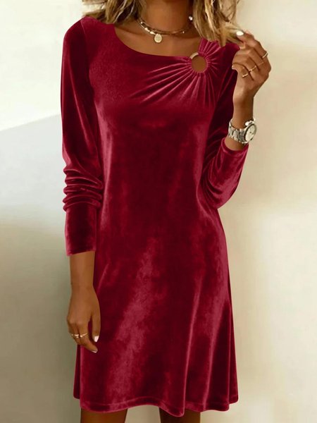 

Women Plain Spring/Fall Dress Crew Neck Long Sleeve H-Line Dress, Red, Dresses