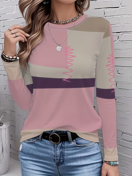 

Women Abstract Long Sleeve Tee T-shirt Crew Neck Printing Casual Spring/Fall Graphic Tee Top, Pink, T-Shirts