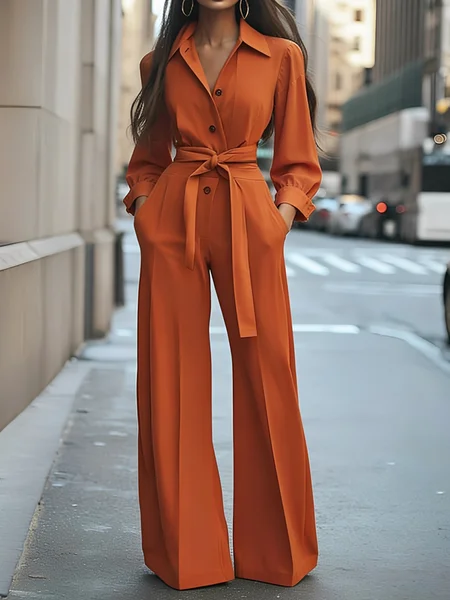 

Urban Plain Shirt Jumpsuit With Belt, Orange, Jumpsuits