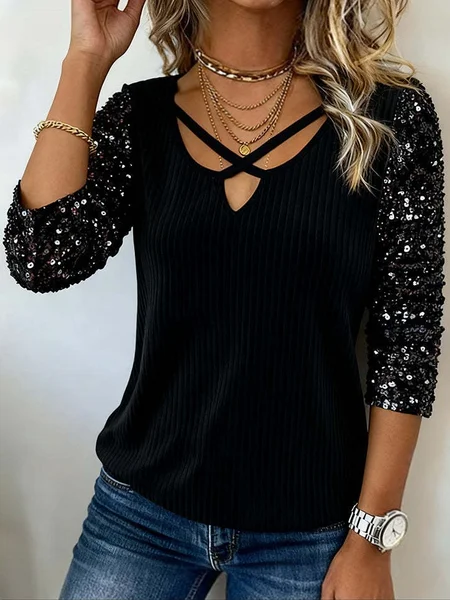 

Vintage Plain V Neck Long Sleeve T-shirt, Black, T-shirts