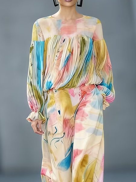 

Vacation Random Print Crew Neck Blouse, As picture, Blouses and Shirts