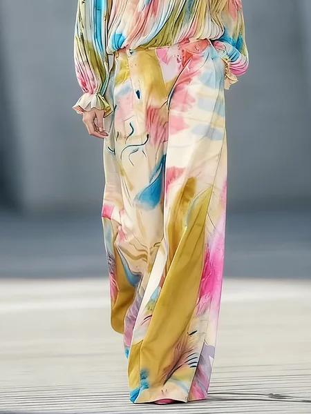 

Vacation Random Print Straight Pants, As picture, Pants