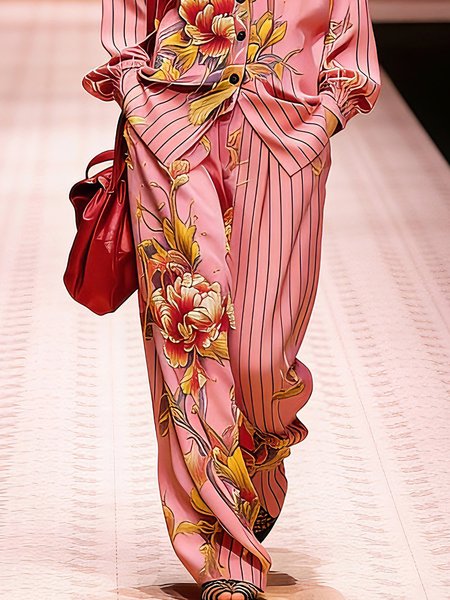 

Casual Floral Straight Pants, Pink, Pants