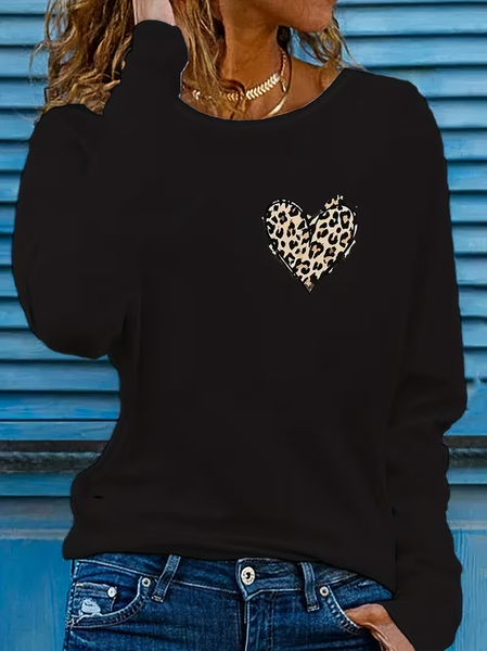 

Casual Leopard Crew Neck Long Sleeve T-shirt, Black, T-shirts