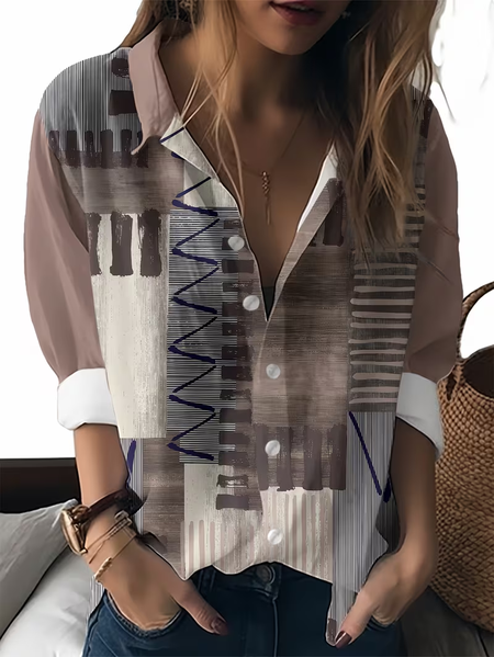 

Women Abstract Long Sleeve Shirt Spring/Fall Buckle Shirt Collar Regular Sleeve Daily Casual Top, As picture, Shirts