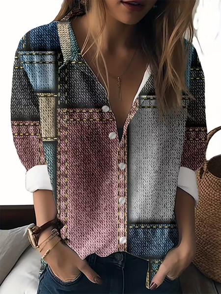 

Women Abstract Long Sleeve Shirt Spring/Fall Buckle Shirt Collar Regular Sleeve Daily Casual Top, As picture, Shirts