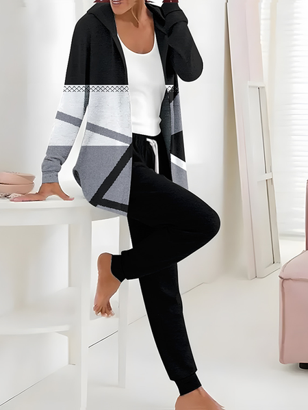 

Women Abstract Printing Two-Piece Set Daily Long Sleeve Casual Spring/Fall Coat With Pants Matching Set, Black, Suit Set