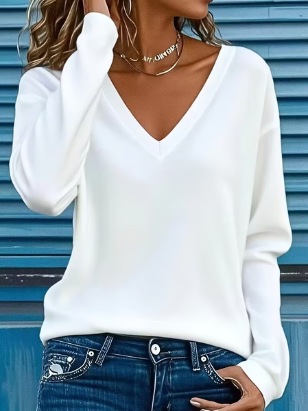

Women Plain Long Sleeve Tee T-shirt V Neck Printing Casual Spring/Fall Graphic Tee Top, White, T-Shirts