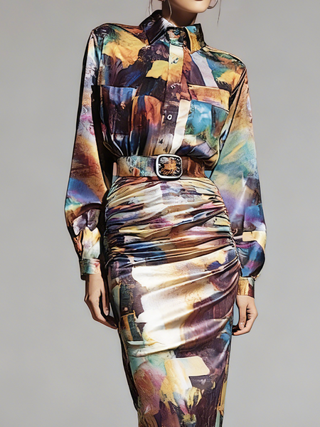 

Elegant Random Print Shirt Collar Shirt, As picture, Blouses and Shirts