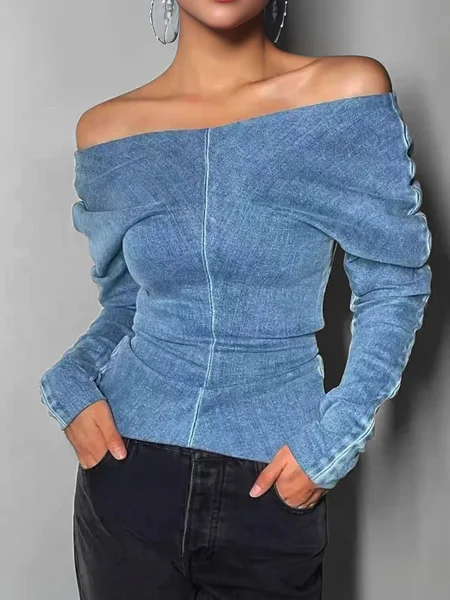 Urban Plain Cold Shoulder Denim Top