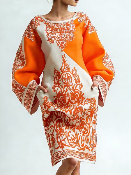 

Elegant Geometric Bell Sleeve Printing Knee Length Dress, As picture, Midi Dresses