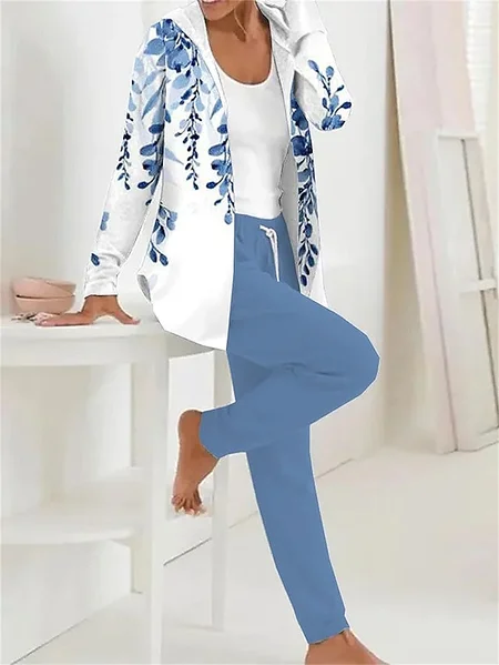 

Women Floral Printing Two-Piece Set Daily Long Sleeve Casual Spring/Fall Coat With Pants Matching Set, Blue, Suit Set