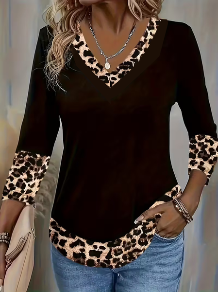 

Women Leopard Long Sleeve Tee T-shirt V Neck Printing Casual Spring/Fall Graphic Tee Top, Black, T-Shirts