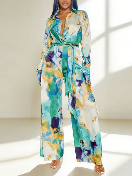 

Casual Random Print Shawl Collar Jumpsuit With Belt, Green, Jumpsuits