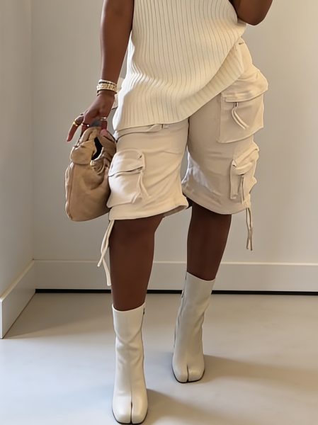 

Denim Casual Plain Pockets Cargo Pants, White, Denim Shorts