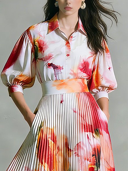 

Elegant Floral Printing Shirt Collar Puff Sleeve Shirt, As picture, Blouses and Shirts