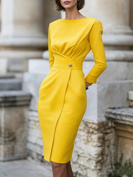 

Elegant Plain Gathered Boat Neck Knee Length Dress, Yellow, Maxi Dresses