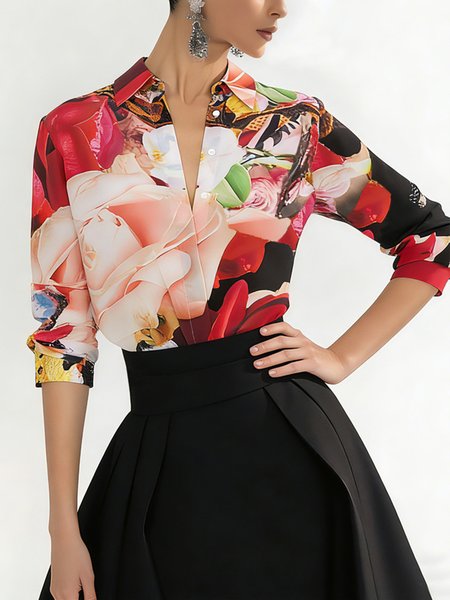 

Elegant Floral Printing Shirt Collar Shirt, As picture, Blouses and Shirts