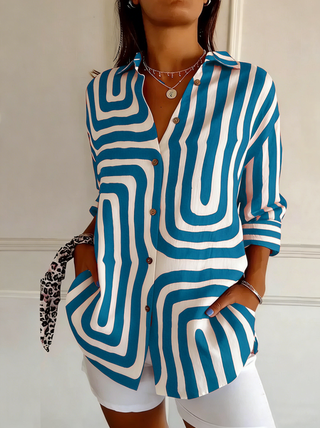 

Shawl Collar Long Sleeve Striped Regular Loose Shirt For Women, Blue, Shirts