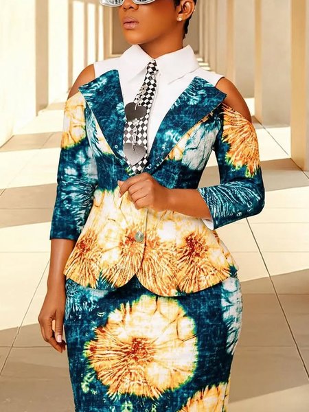 

Elegant Printing Tie-Dye Pattern Shirt Collar Jacket（two-in-one top）With Tie, As picture, Jackets