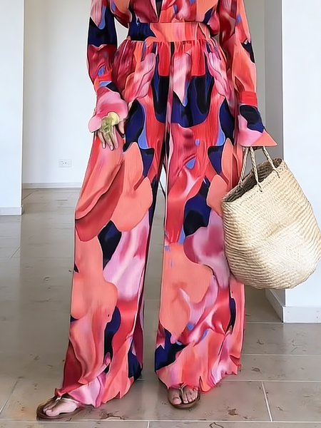 

Vacation Geometric Wide Leg Pants, Pink, Pants