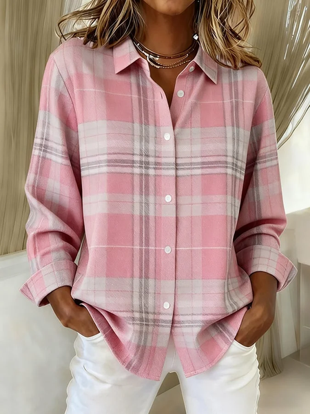 

Women Plaid Long Sleeve Shirt Spring/Fall Buckle Shirt Collar Regular Sleeve Daily Casual Top, Pink, Shirts