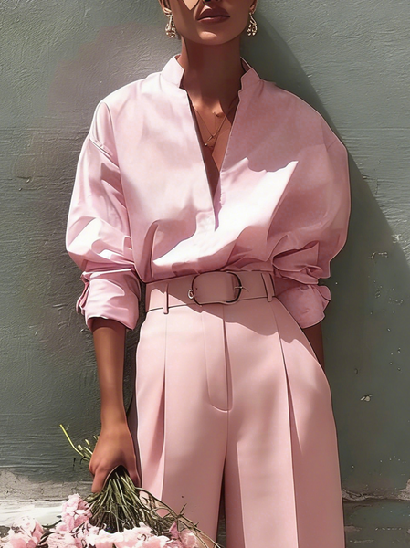 

Urban Plain Stand Collar Blouse, Pink, Blouses and Shirts