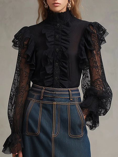 

Chiffon Urban Plain Peplum Balloon Sleeve Shirt, Black, Blouses and Shirts