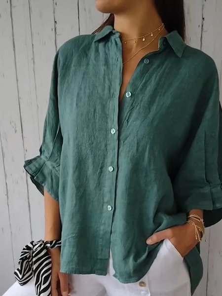 

Casual Plain Shirt Collar Shirt, Green, Blouses & Shirts