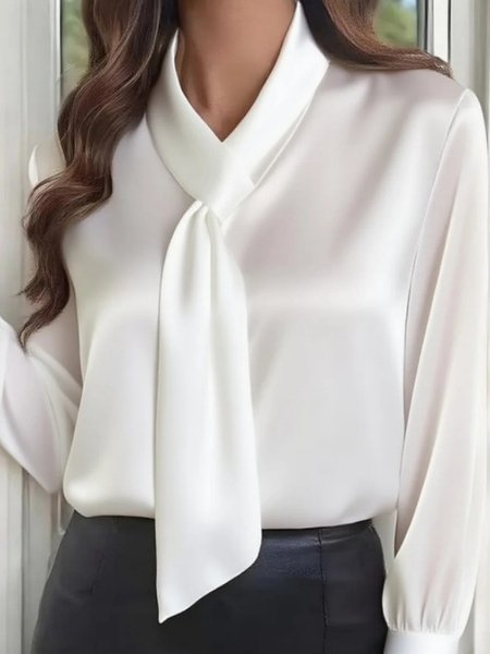 

Casual Plain V Neck Long Sleeve T-shirt, White, Blouses
