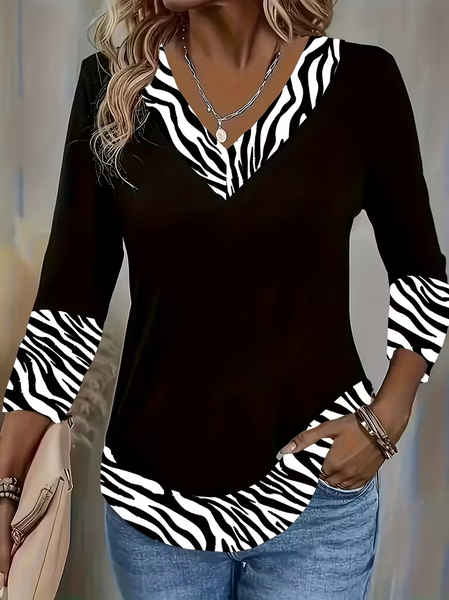 

Casual Zebra V Neck Long Sleeve T-shirt, Black, T-shirts