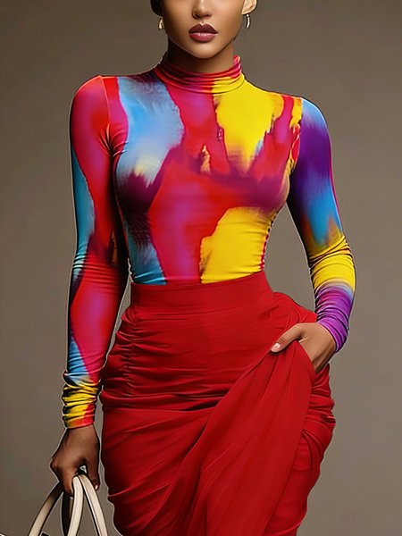 

Elegant Random Print Printing Stand Collar T-shirt, As picture, Tees