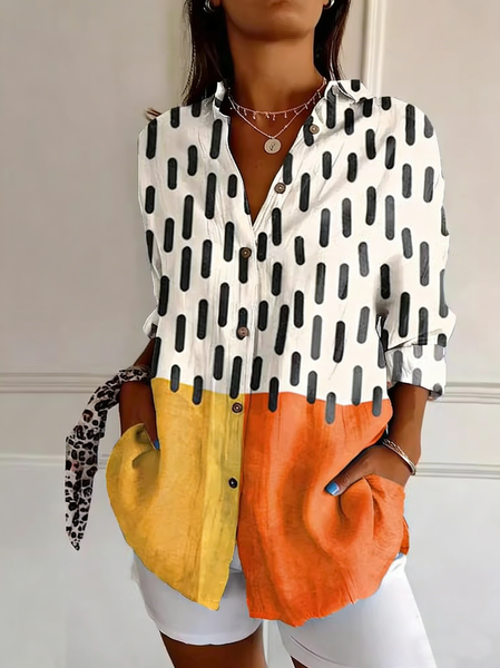 

Shawl Collar Three Quarter Sleeve Polka Dots Regular Loose Shirt For Women, As picture, Shirts