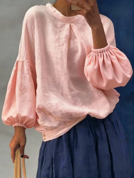 

Stand Collar Long Sleeve Plain Regular Loose Blouse For Women, Pink, Blouses