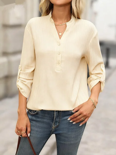 

V Neck Long Sleeve Plain Regular Loose Blouse For Women, Apricot, Blouses