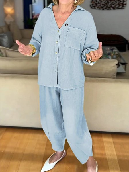 

Casual Plain Shirt Collar Two-Piece Set, Blue, Suits