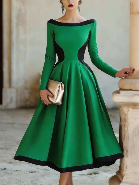 

Elegant Color Block Split Joint Boat Neck Party Midi Dress, Black-green, Cocktail Dresses