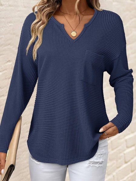 

Women Plain Long Sleeve Tee T-shirt V Neck Split Joint Casual Spring/Fall Top, Deep blue, T-Shirts