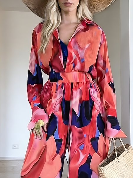 

Vacation Geometric Shirt Collar Shirt, Pink, Blouses and Shirts