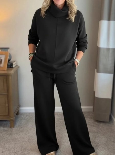 

Women Plain Split Joint Two-Piece Set Daily Long Sleeve Casual Spring/Fall Top With Pants Matching Set, Black, Sets