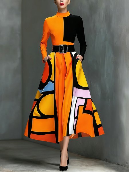 Urban Geometric  Printing Stand Collar Midi Dress With Belt