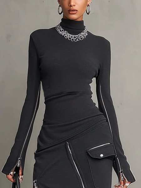 Casual Plain Zipper Mock Neck T-shirt