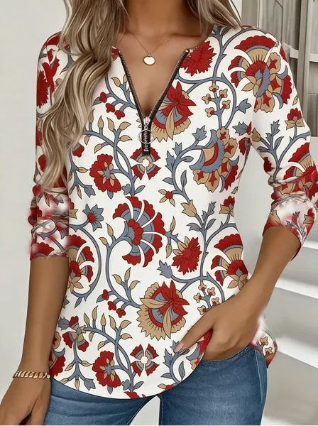 

Casual Floral V Neck Long Sleeve T-shirt, Red, T-shirts