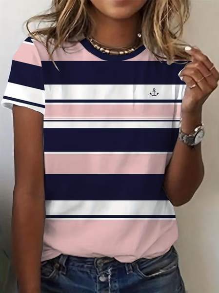 

Casual Striped Crew Neck Short Sleeve T-shirt, Pink, T-shirts